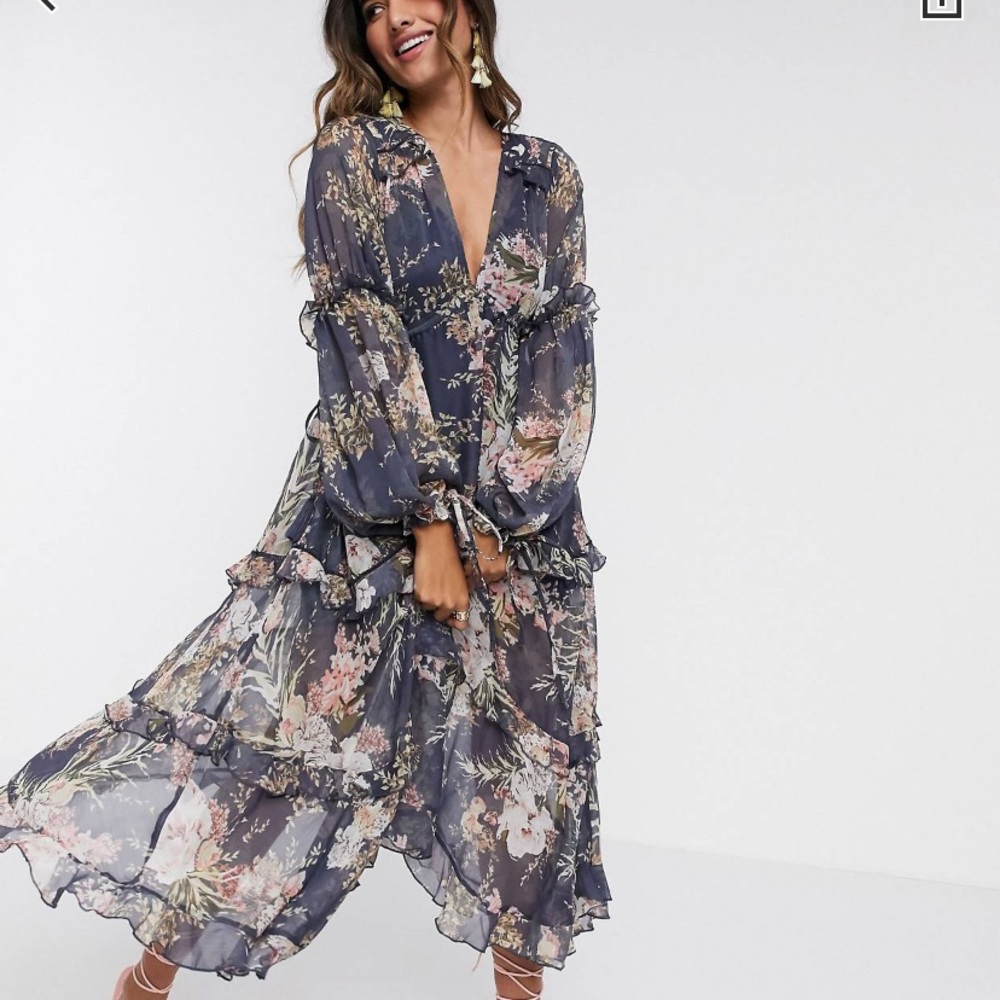 ASOS Tiered Midi Dress - Navy Floral - Size S